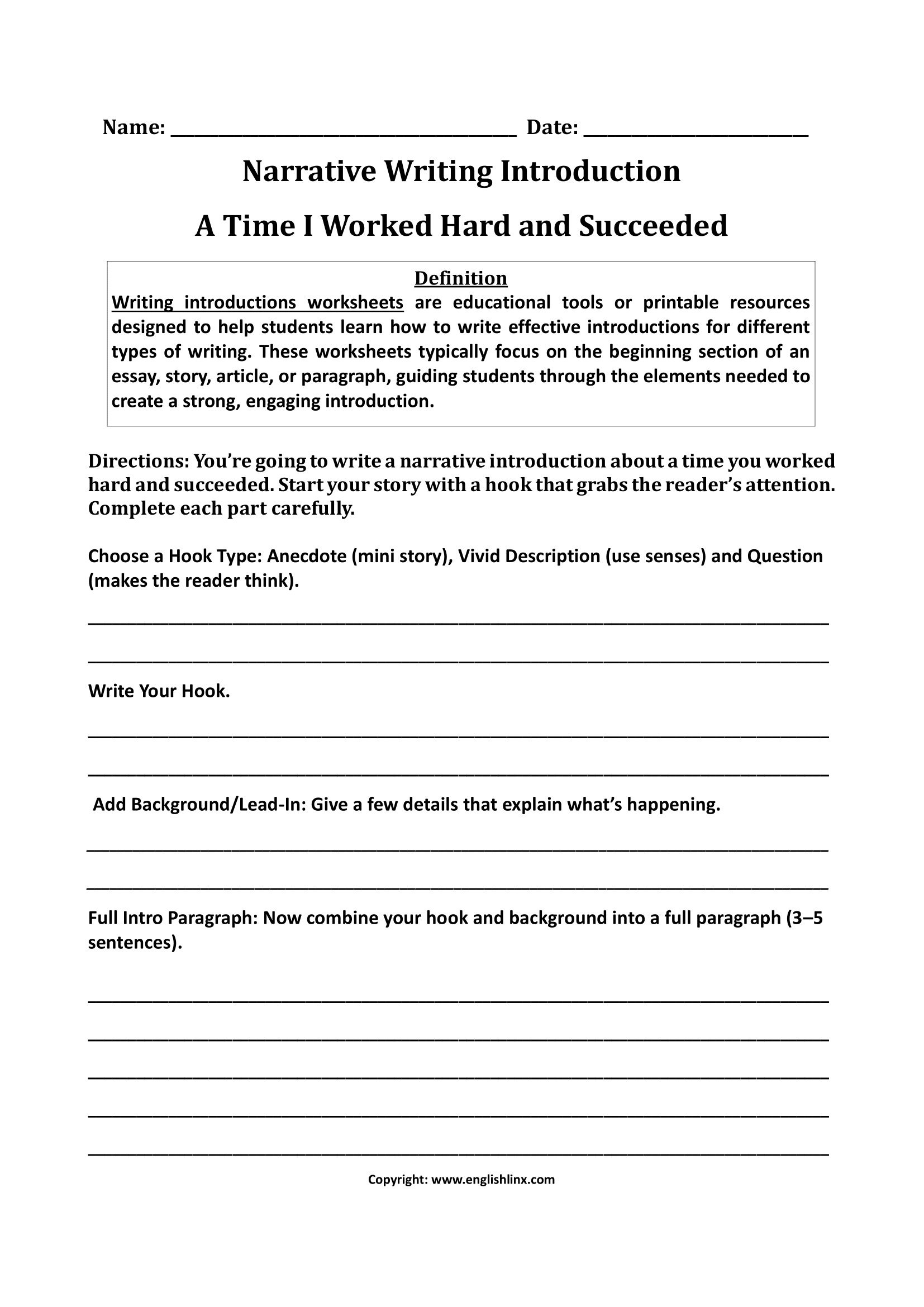 A Time I Worked Writing Introductions Worksheets